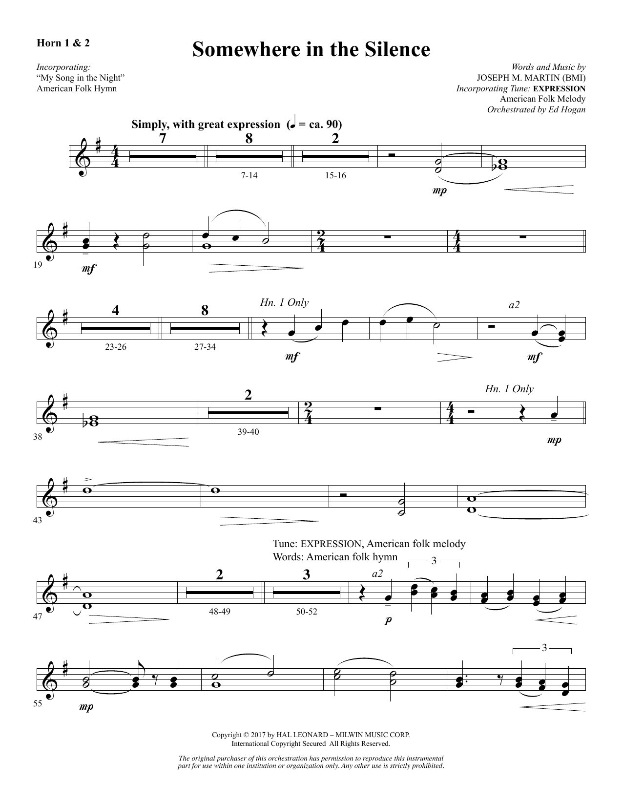 Learn to play Joseph M. Martin Somewhere in the Silence - F Horn 1 & 2 sheet music for Choir Instrumental Pak in minutes. Price: 8.9900$ Joseph M. Martin Somewhere in the Silence - F Horn 1 & 2 sheet music notes and chords arranged for Choir Instrumental Pak