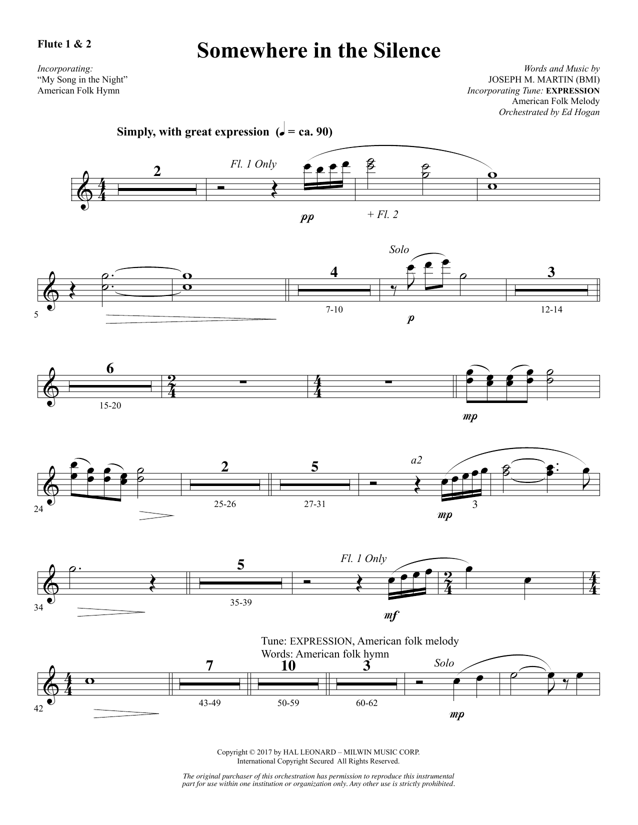 Learn to play Joseph M. Martin Somewhere in the Silence - Flute 1 & 2 sheet music for Choir Instrumental Pak in minutes. Price: 8.9900$ Joseph M. Martin Somewhere in the Silence - Flute 1 & 2 sheet music notes and chords arranged for Choir Instrumental Pak