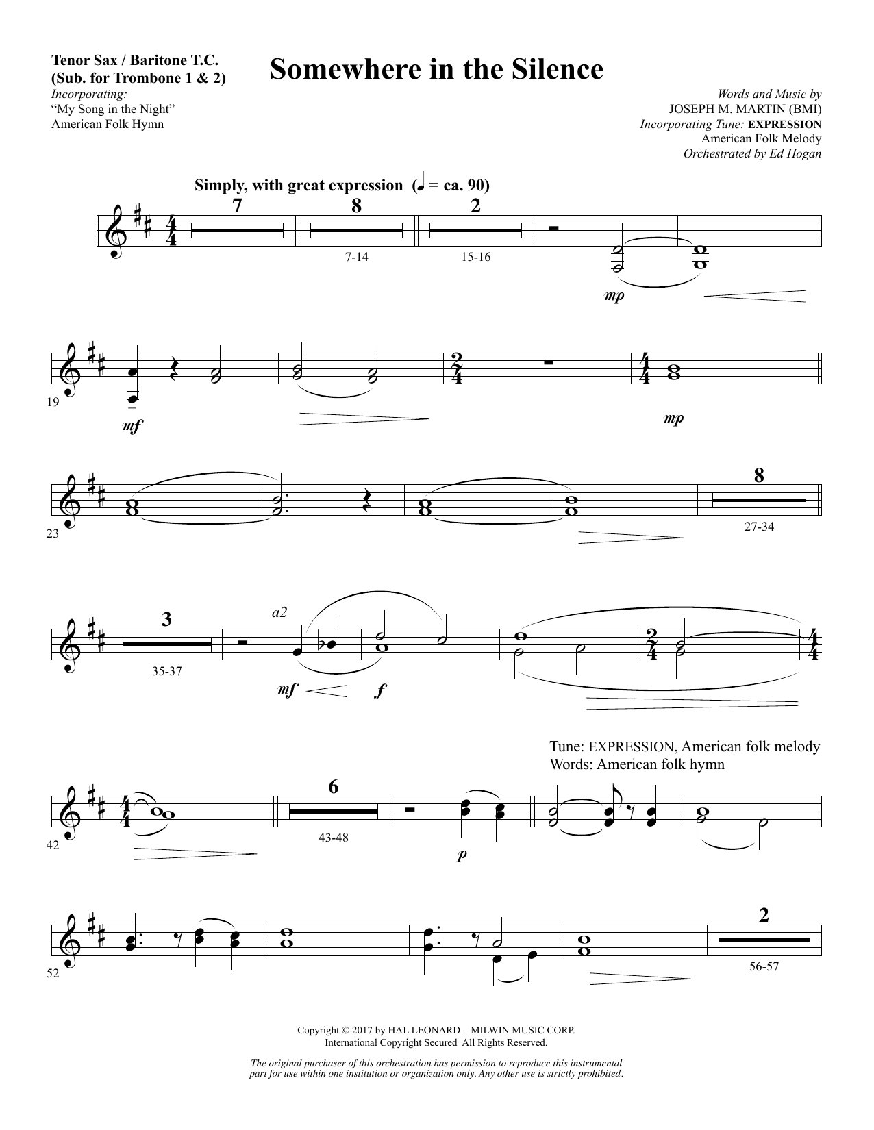 Learn to play Joseph M. Martin Somewhere in the Silence - Tenor Sax/BariTC (sub Tbn 1-2) sheet music for Choir Instrumental Pak in minutes. Price: 8.9900$ Joseph M. Martin Somewhere in the Silence - Tenor Sax/BariTC (sub Tbn 1-2) sheet music notes and chords arranged for Choir Instrumental Pak