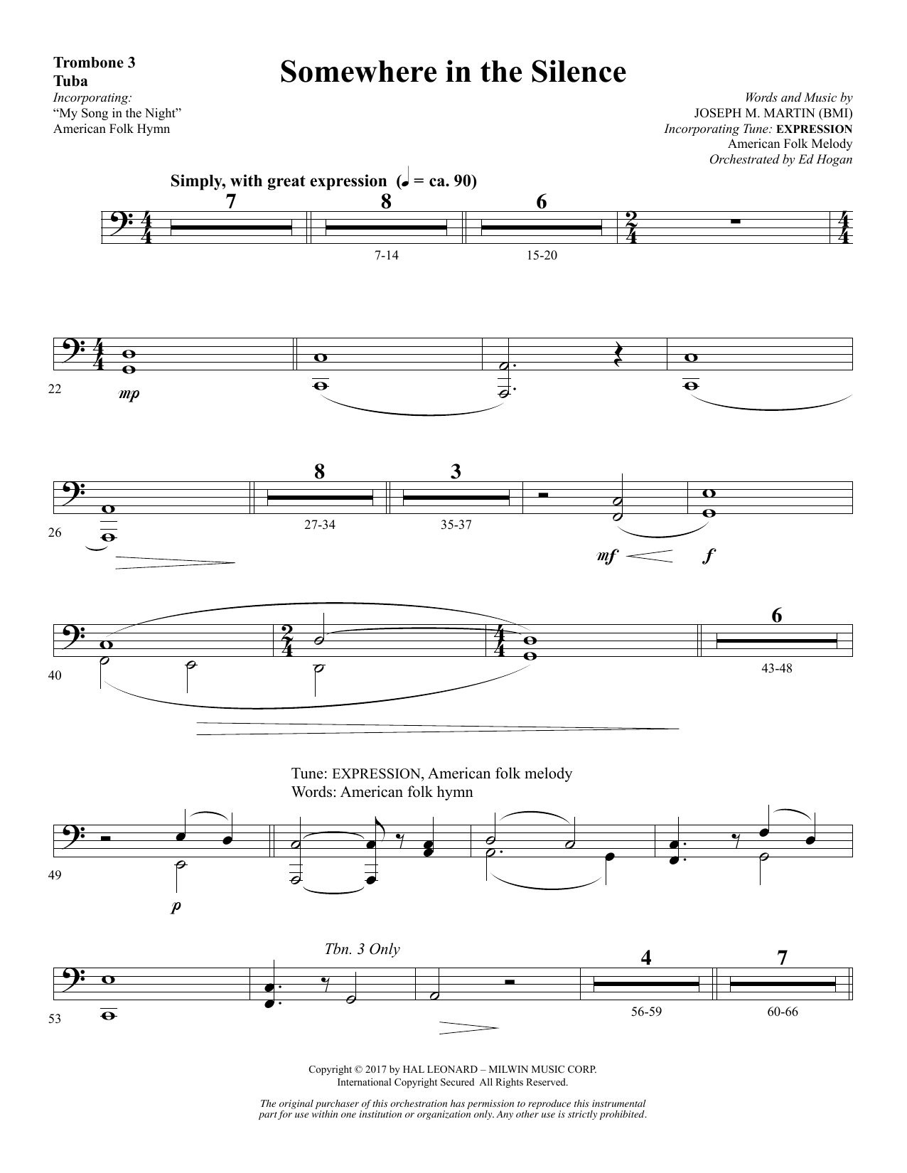 Learn to play Joseph M. Martin Somewhere in the Silence - Trombone 3/Tuba sheet music for Choir Instrumental Pak in minutes. Joseph M. Martin Somewhere in the Silence - Trombone 3/Tuba sheet music notes and chords. Download Printable PDF.