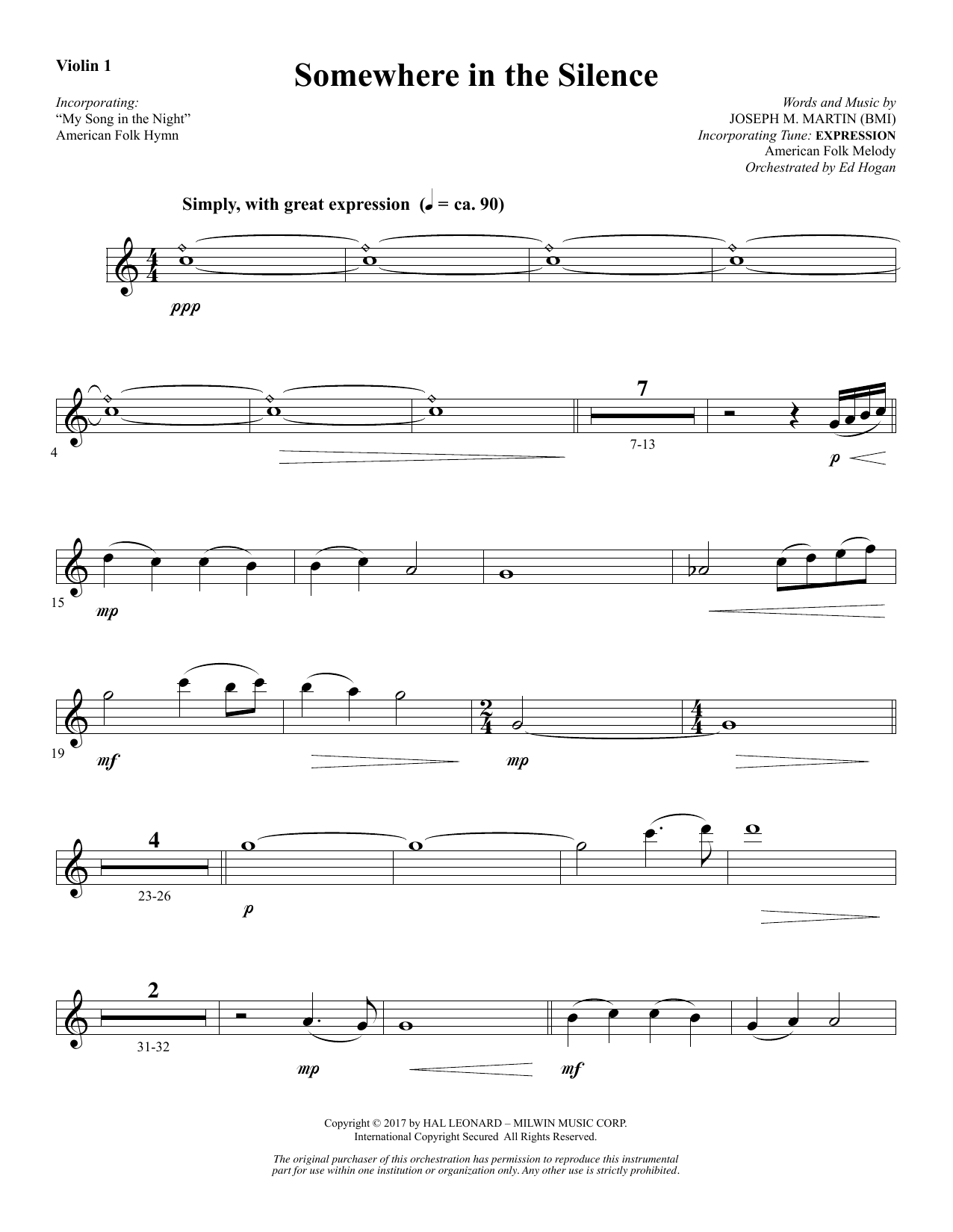 Learn to play Joseph M. Martin Somewhere in the Silence - Violin 1 sheet music for Choir Instrumental Pak in minutes. Joseph M. Martin Somewhere in the Silence - Violin 1 sheet music notes and chords. Download Printable PDF.