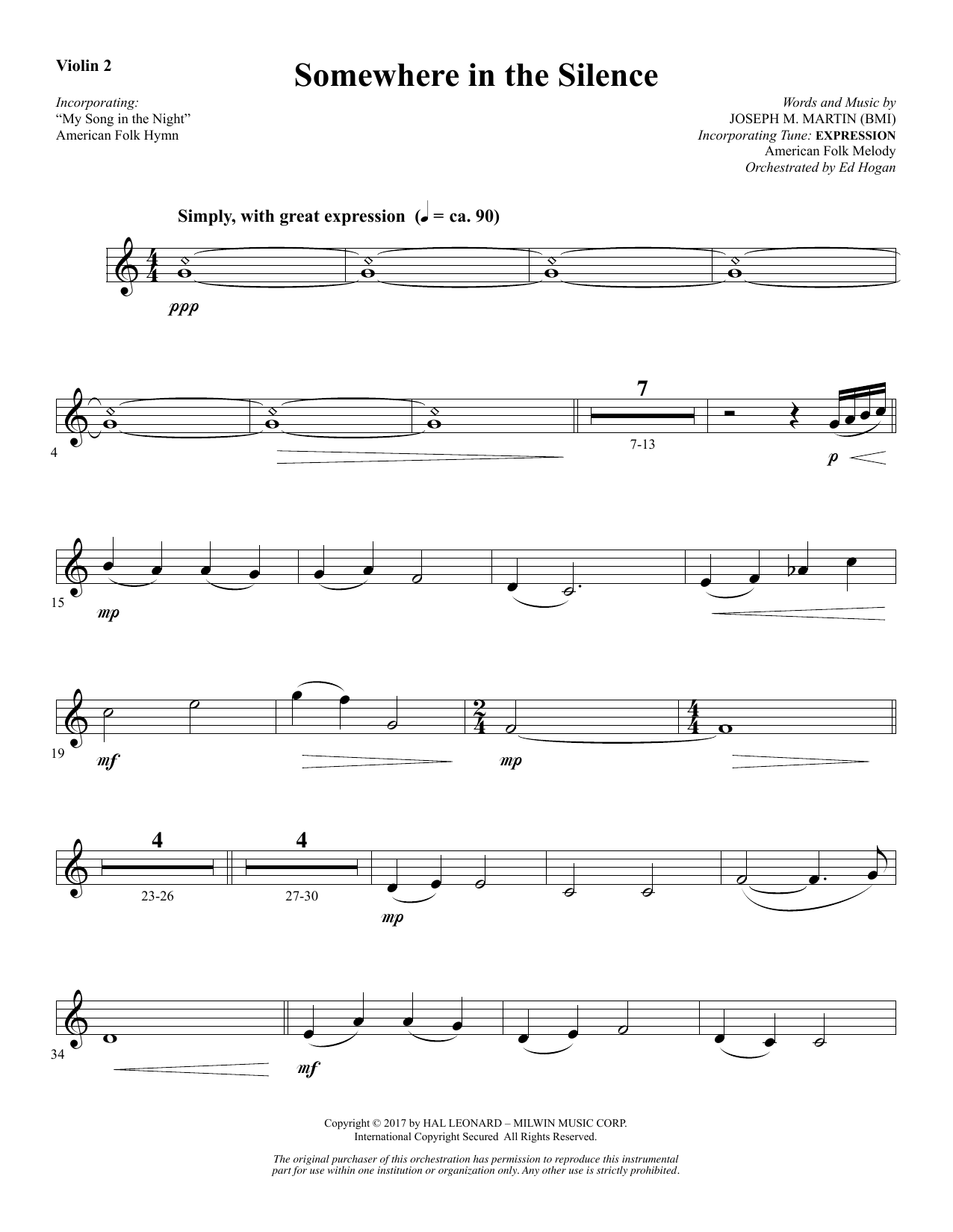 Learn to play Joseph M. Martin Somewhere in the Silence - Violin 2 sheet music for Choir Instrumental Pak in minutes. Price: 8.9900$ Joseph M. Martin Somewhere in the Silence - Violin 2 sheet music notes and chords arranged for Choir Instrumental Pak
