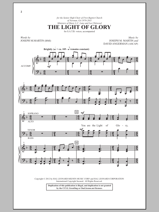 Learn to play Joseph M. Martin The Light Of Glory sheet music for SAB Choir in minutes. Price: 3.9900$ Joseph M. Martin The Light Of Glory sheet music notes and chords arranged for SAB Choir