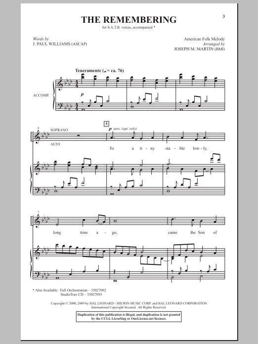 Joseph M. Martin The Remembering sheet music notes and chords. Download Printable PDF.