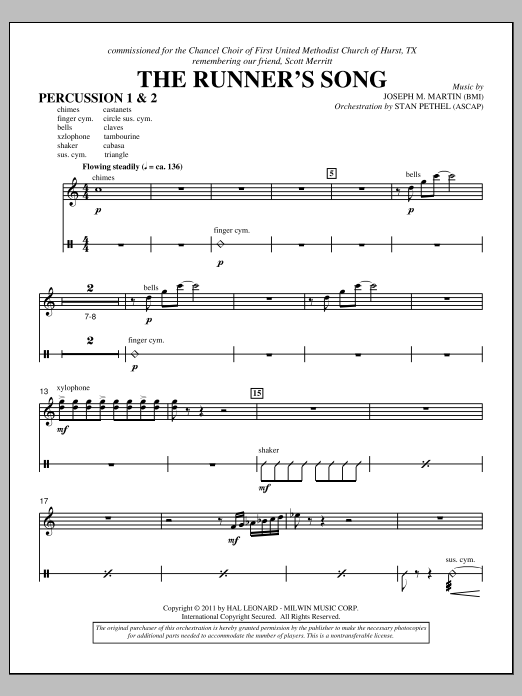Learn to play Joseph M. Martin The Runner's Song - Percussion 1 & 2 sheet music for Choir Instrumental Pak in minutes. Price: 8.9900$ Joseph M. Martin The Runner's Song - Percussion 1 & 2 sheet music notes and chords arranged for Choir Instrumental Pak