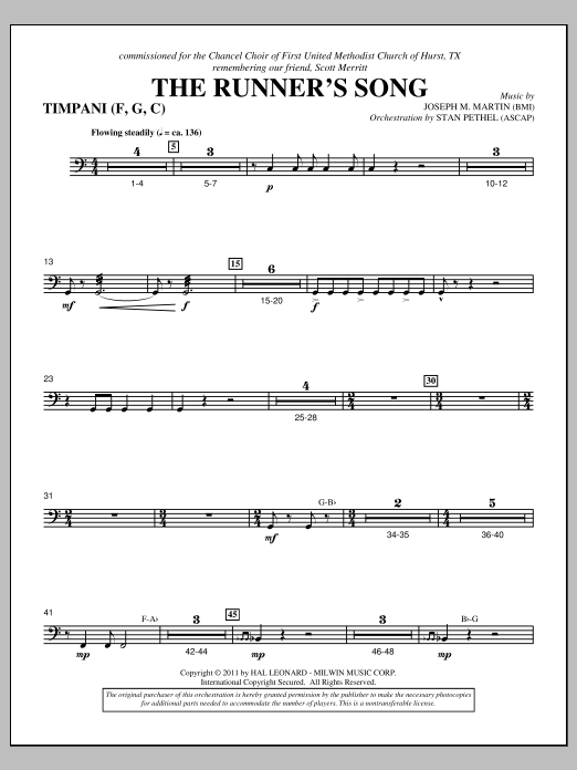 Learn to play Joseph M. Martin The Runner's Song - Timpani sheet music for Choir Instrumental Pak in minutes. Price: 8.9900$ Joseph M. Martin The Runner's Song - Timpani sheet music notes and chords arranged for Choir Instrumental Pak