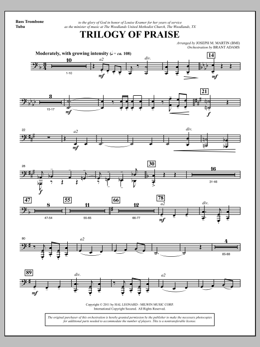 Learn to play Joseph M. Martin Trilogy Of Praise - Bass Trombone/Tuba sheet music for Choir Instrumental Pak in minutes. Price: 8.9900$ Joseph M. Martin Trilogy Of Praise - Bass Trombone/Tuba sheet music notes and chords arranged for Choir Instrumental Pak