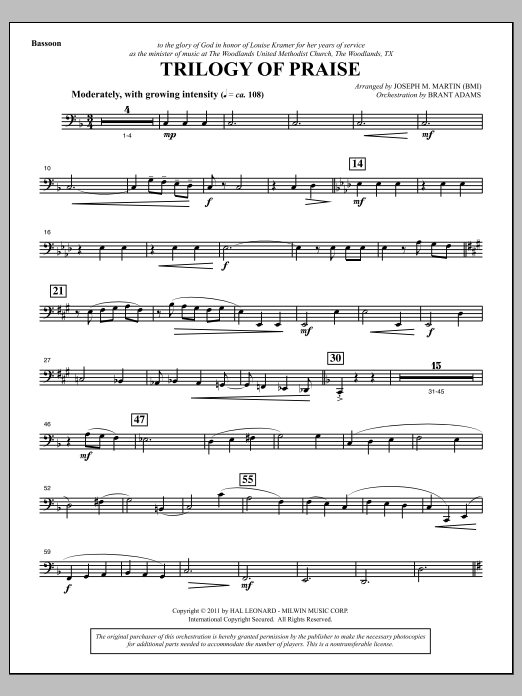 Learn to play Joseph M. Martin Trilogy Of Praise - Bassoon sheet music for Choir Instrumental Pak in minutes. Price: 8.9900$ Joseph M. Martin Trilogy Of Praise - Bassoon sheet music notes and chords arranged for Choir Instrumental Pak