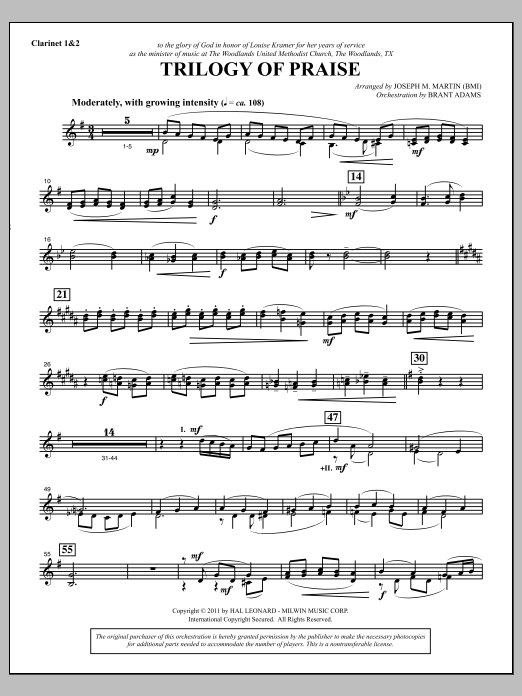 Learn to play Joseph M. Martin Trilogy Of Praise - Bb Clarinet 1,2 sheet music for Choir Instrumental Pak in minutes. Price: 8.9900$ Joseph M. Martin Trilogy Of Praise - Bb Clarinet 1,2 sheet music notes and chords arranged for Choir Instrumental Pak