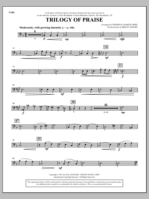 Learn to play Joseph M. Martin Trilogy Of Praise - Cello sheet music for Choir Instrumental Pak in minutes. Price: 8.9900$ Joseph M. Martin Trilogy Of Praise - Cello sheet music notes and chords arranged for Choir Instrumental Pak