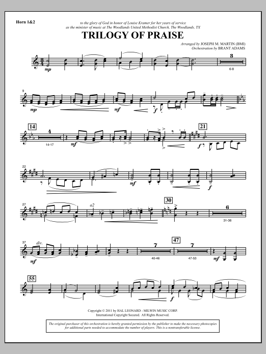 Learn to play Joseph M. Martin Trilogy Of Praise - F Horn 1,2 sheet music for Choir Instrumental Pak in minutes. Price: 8.9900$ Joseph M. Martin Trilogy Of Praise - F Horn 1,2 sheet music notes and chords arranged for Choir Instrumental Pak