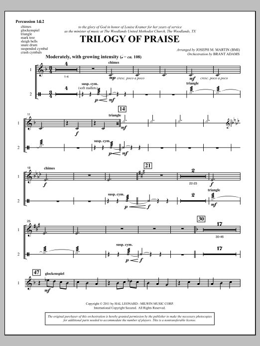 Learn to play Joseph M. Martin Trilogy Of Praise - Percussion 1 & 2 sheet music for Choir Instrumental Pak in minutes. Price: 8.9900$ Joseph M. Martin Trilogy Of Praise - Percussion 1 & 2 sheet music notes and chords arranged for Choir Instrumental Pak