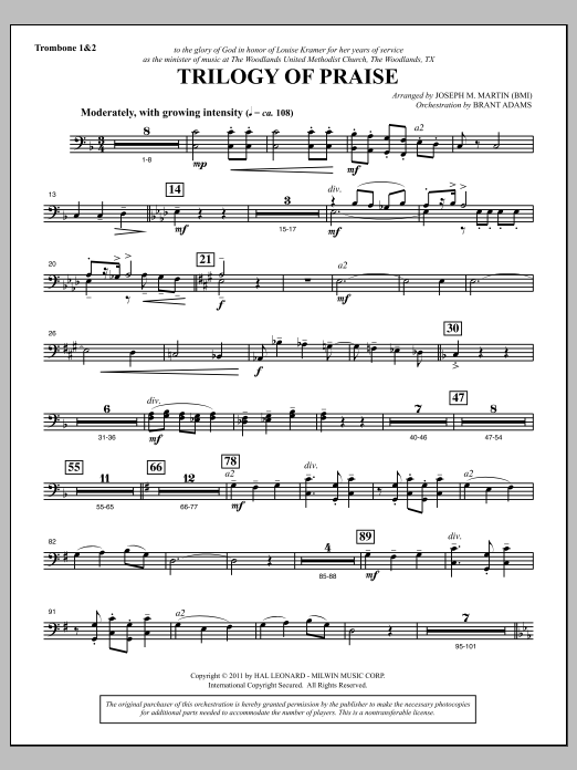 Learn to play Joseph M. Martin Trilogy Of Praise - Trombone 1 & 2 sheet music for Choir Instrumental Pak in minutes. Price: 8.9900$ Joseph M. Martin Trilogy Of Praise - Trombone 1 & 2 sheet music notes and chords arranged for Choir Instrumental Pak