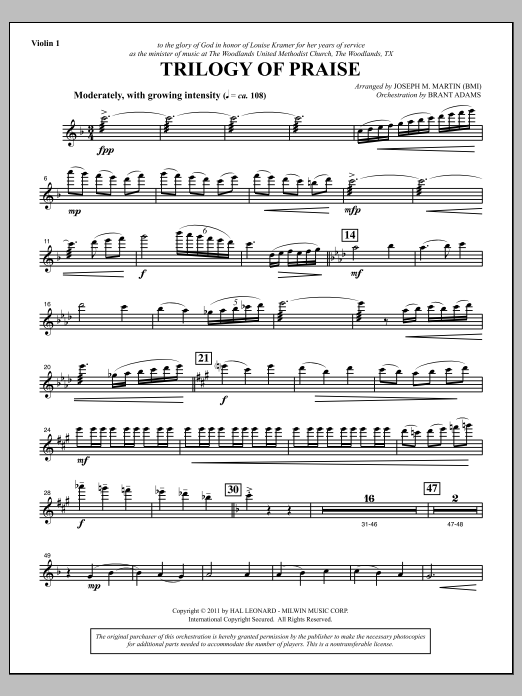 Learn to play Joseph M. Martin Trilogy Of Praise - Violin 1 sheet music for Choir Instrumental Pak in minutes. Price: 8.9900$ Joseph M. Martin Trilogy Of Praise - Violin 1 sheet music notes and chords arranged for Choir Instrumental Pak