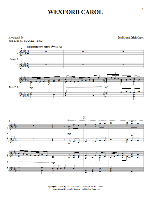 Learn to play Joseph M. Martin Wexford Carol sheet music for Piano Duet in minutes. Joseph M. Martin Wexford Carol sheet music notes and chords. Download Printable PDF.