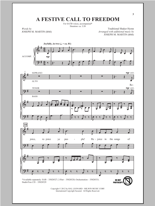 Learn to play Joseph Martin A Festive Call To Freedom sheet music for 2-Part Choir in minutes. Price: 3.9900$ Joseph Martin A Festive Call To Freedom sheet music notes and chords arranged for 2-Part Choir