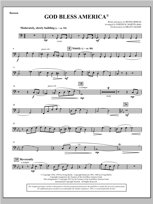Learn to play Joseph Martin God Bless America - Bassoon sheet music for Choir Instrumental Pak in minutes. Price: 8.9900$ Joseph Martin God Bless America - Bassoon sheet music notes and chords arranged for Choir Instrumental Pak