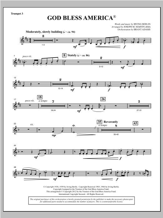 Learn to play Joseph Martin God Bless America - Bb Trumpet 3 sheet music for Choir Instrumental Pak in minutes. Price: 8.9900$ Joseph Martin God Bless America - Bb Trumpet 3 sheet music notes and chords arranged for Choir Instrumental Pak