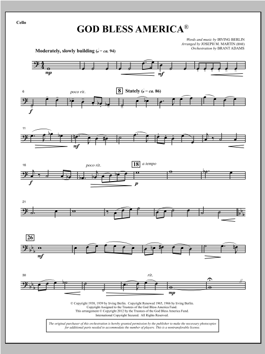 Learn to play Joseph Martin God Bless America - Cello sheet music for Choir Instrumental Pak in minutes. Price: 8.9900$ Joseph Martin God Bless America - Cello sheet music notes and chords arranged for Choir Instrumental Pak