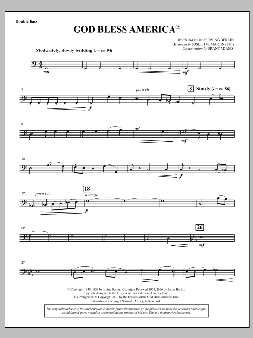 Learn to play Joseph Martin God Bless America - Double Bass sheet music for Choir Instrumental Pak in minutes. Price: 8.9900$ Joseph Martin God Bless America - Double Bass sheet music notes and chords arranged for Choir Instrumental Pak