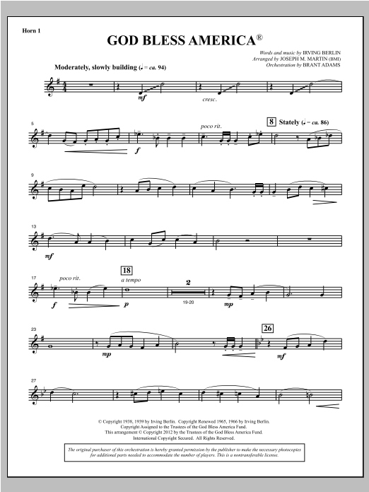 Learn to play Joseph Martin God Bless America - F Horn 1 sheet music for Choir Instrumental Pak in minutes. Price: 8.9900$ Joseph Martin God Bless America - F Horn 1 sheet music notes and chords arranged for Choir Instrumental Pak