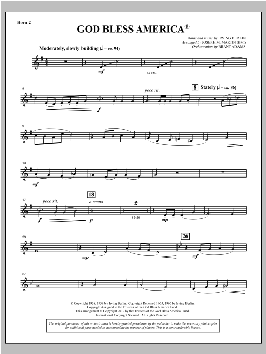 Learn to play Joseph Martin God Bless America - F Horn 2 sheet music for Choir Instrumental Pak in minutes. Price: 8.9900$ Joseph Martin God Bless America - F Horn 2 sheet music notes and chords arranged for Choir Instrumental Pak