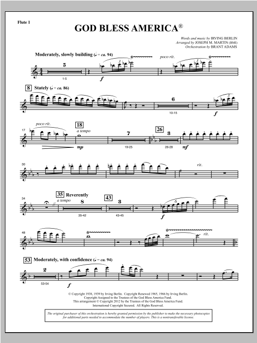 Learn to play Joseph Martin God Bless America - Flute 1 sheet music for Choir Instrumental Pak in minutes. Price: 8.9900$ Joseph Martin God Bless America - Flute 1 sheet music notes and chords arranged for Choir Instrumental Pak