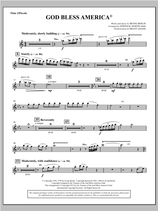 Learn to play Joseph Martin God Bless America - Flute 2 sheet music for Choir Instrumental Pak in minutes. Price: 8.9900$ Joseph Martin God Bless America - Flute 2 sheet music notes and chords arranged for Choir Instrumental Pak