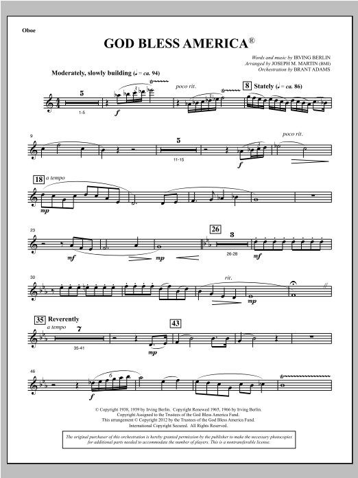 Learn to play Joseph Martin God Bless America - Oboe sheet music for Choir Instrumental Pak in minutes. Price: 8.9900$ Joseph Martin God Bless America - Oboe sheet music notes and chords arranged for Choir Instrumental Pak