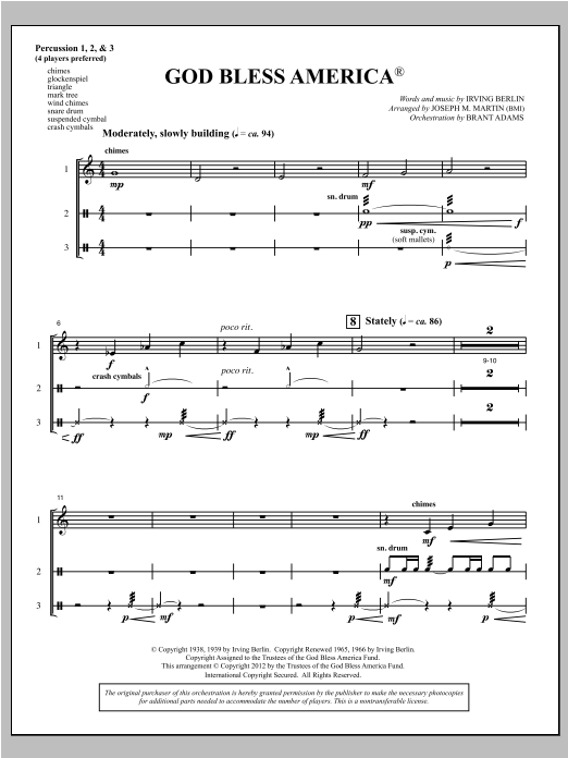 Learn to play Joseph Martin God Bless America - Percussion 1,2,3 sheet music for Choir Instrumental Pak in minutes. Price: 8.9900$ Joseph Martin God Bless America - Percussion 1,2,3 sheet music notes and chords arranged for Choir Instrumental Pak