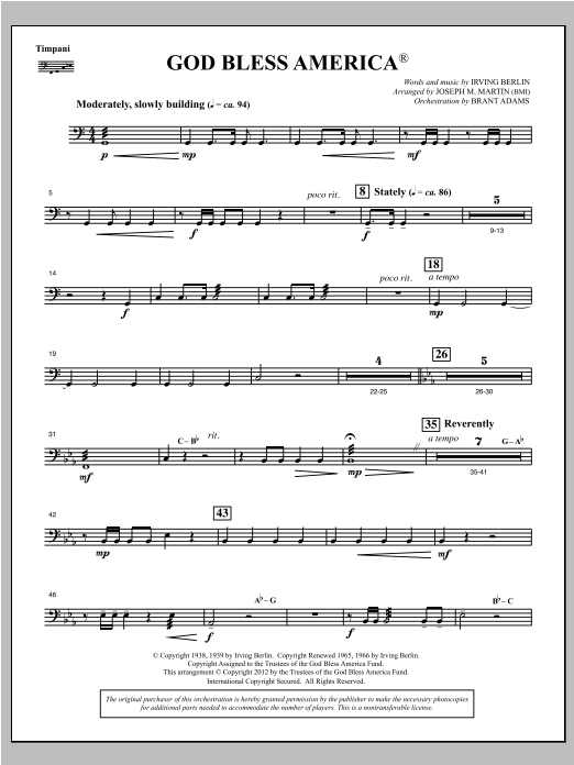 Learn to play Joseph Martin God Bless America - Timpani sheet music for Choir Instrumental Pak in minutes. Price: 8.9900$ Joseph Martin God Bless America - Timpani sheet music notes and chords arranged for Choir Instrumental Pak