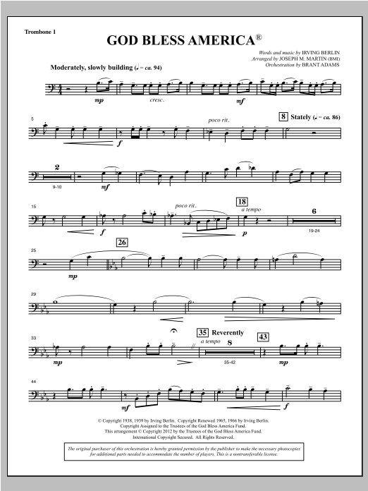 Learn to play Joseph Martin God Bless America - Trombone 1 sheet music for Choir Instrumental Pak in minutes. Price: 8.9900$ Joseph Martin God Bless America - Trombone 1 sheet music notes and chords arranged for Choir Instrumental Pak