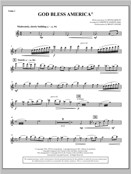Learn to play Joseph Martin God Bless America - Violin 1 sheet music for Choir Instrumental Pak in minutes. Price: 8.9900$ Joseph Martin God Bless America - Violin 1 sheet music notes and chords arranged for Choir Instrumental Pak