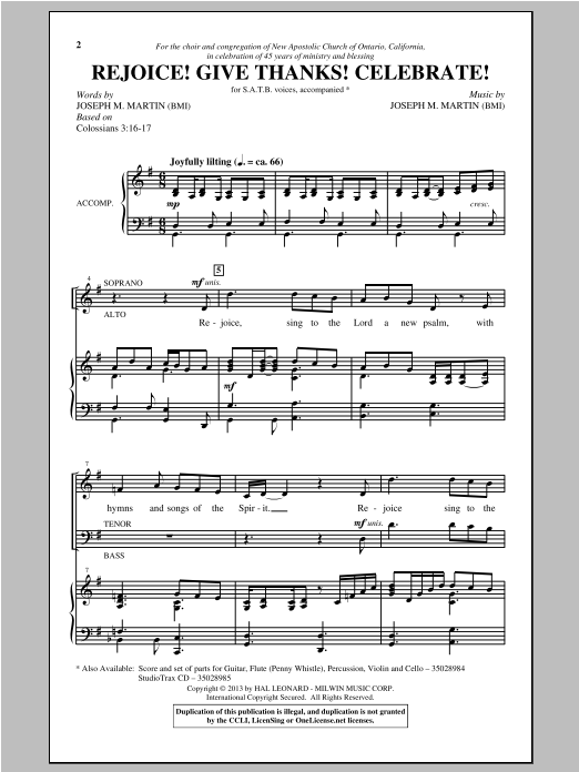 Learn to play Joseph Martin Rejoice! Give Thanks! Celebrate! sheet music for SATB Choir in minutes. Price: 3.9900$ Joseph Martin Rejoice! Give Thanks! Celebrate! sheet music notes and chords arranged for SATB Choir