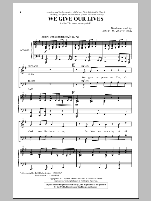 Joseph Martin We Give Our Lives sheet music notes and chords arranged for SATB Choir
