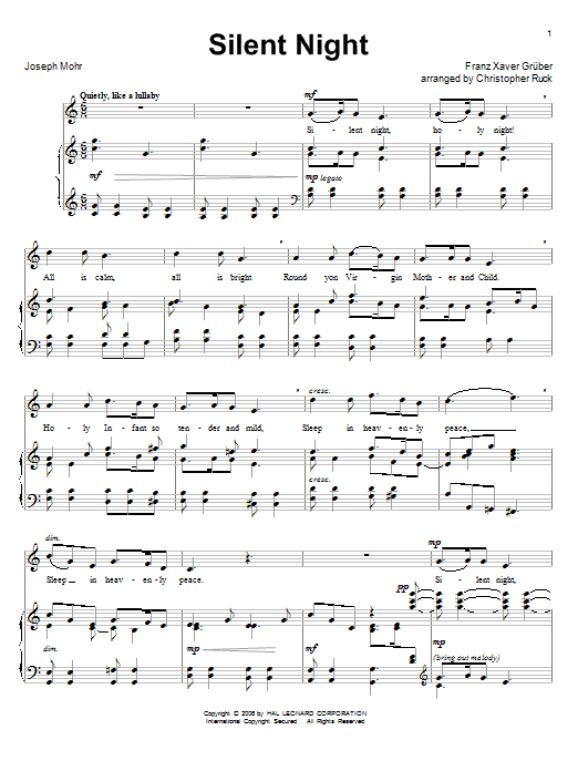 Learn to play Joseph Mohr Silent Night (arr. Christopher Ruck) sheet music for Piano & Vocal in minutes. Joseph Mohr Silent Night (arr. Christopher Ruck) sheet music notes and chords. Download Printable PDF.