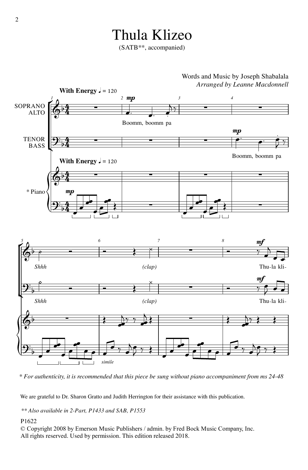 Joseph Shabalala Thula Klizeo sheet music notes and chords. Download Printable PDF.