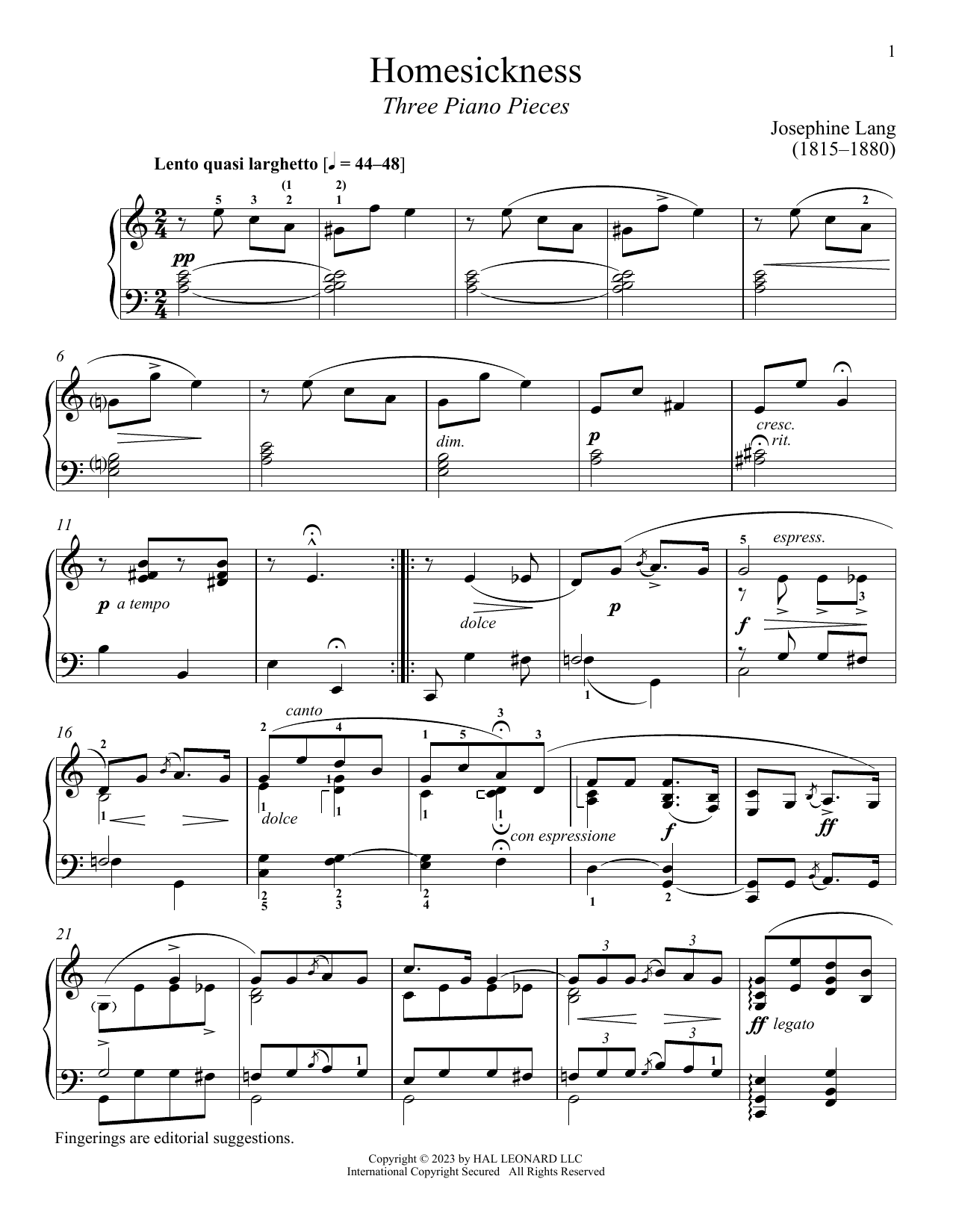 Josephine Lang Homesickness sheet music notes and chords. Download Printable PDF.