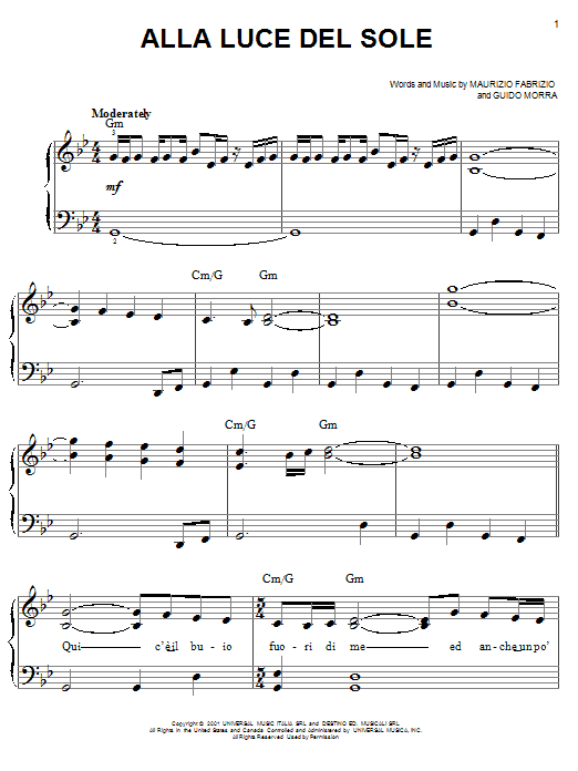 Josh Groban Alla Luce Del Sole sheet music notes and chords. Download Printable PDF.