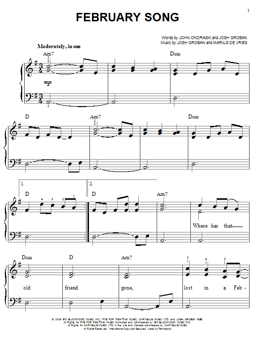 Josh Groban February Song sheet music notes and chords. Download Printable PDF.