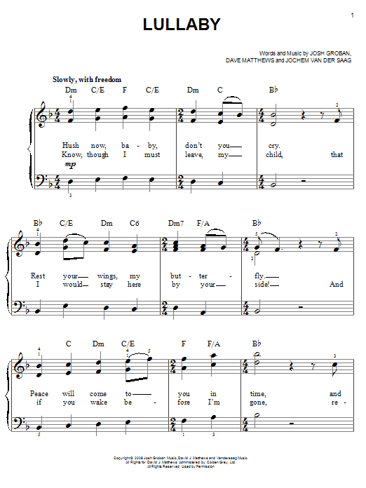Josh Groban Lullaby sheet music notes and chords. Download Printable PDF.
