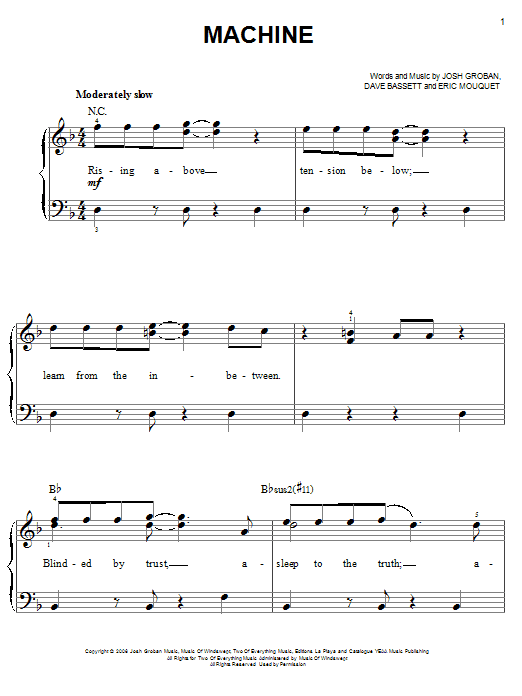 Josh Groban Machine sheet music notes and chords. Download Printable PDF.