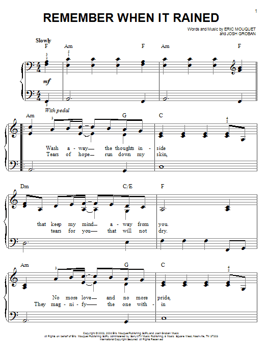 Josh Groban Remember When It Rained sheet music notes and chords. Download Printable PDF.