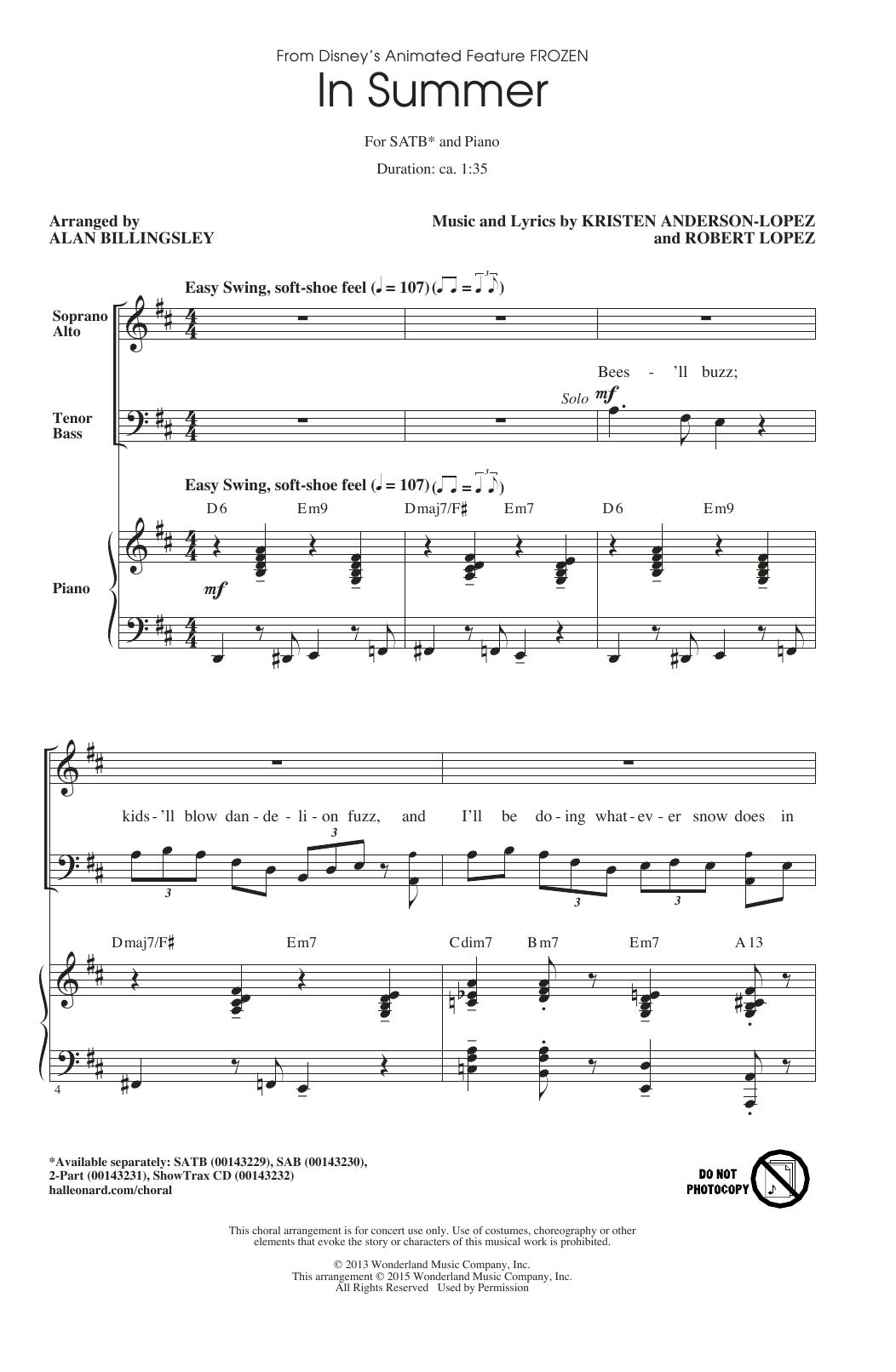 Learn to play Josh Gad In Summer (from Disney's Frozen) (arr. Alan Billingsley) sheet music for SAB Choir in minutes. Price: 3.9900$ Josh Gad In Summer (from Disney's Frozen) (arr. Alan Billingsley) sheet music notes and chords arranged for SAB Choir