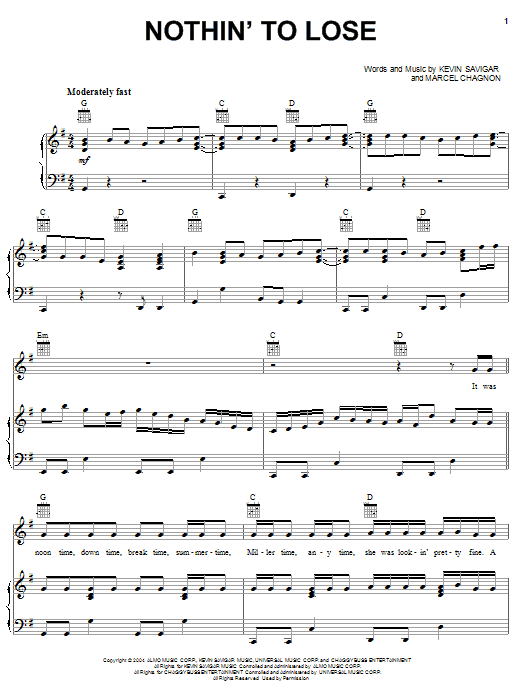 Josh Gracin Nothin' To Lose sheet music notes and chords. Download Printable PDF.