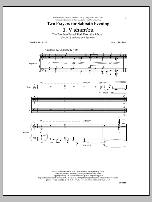 Learn to play Joshua Fishbein Two Prayers for Sabbath Evening sheet music for SATB Choir in minutes. Price: 3.9900$ Joshua Fishbein Two Prayers for Sabbath Evening sheet music notes and chords arranged for SATB Choir