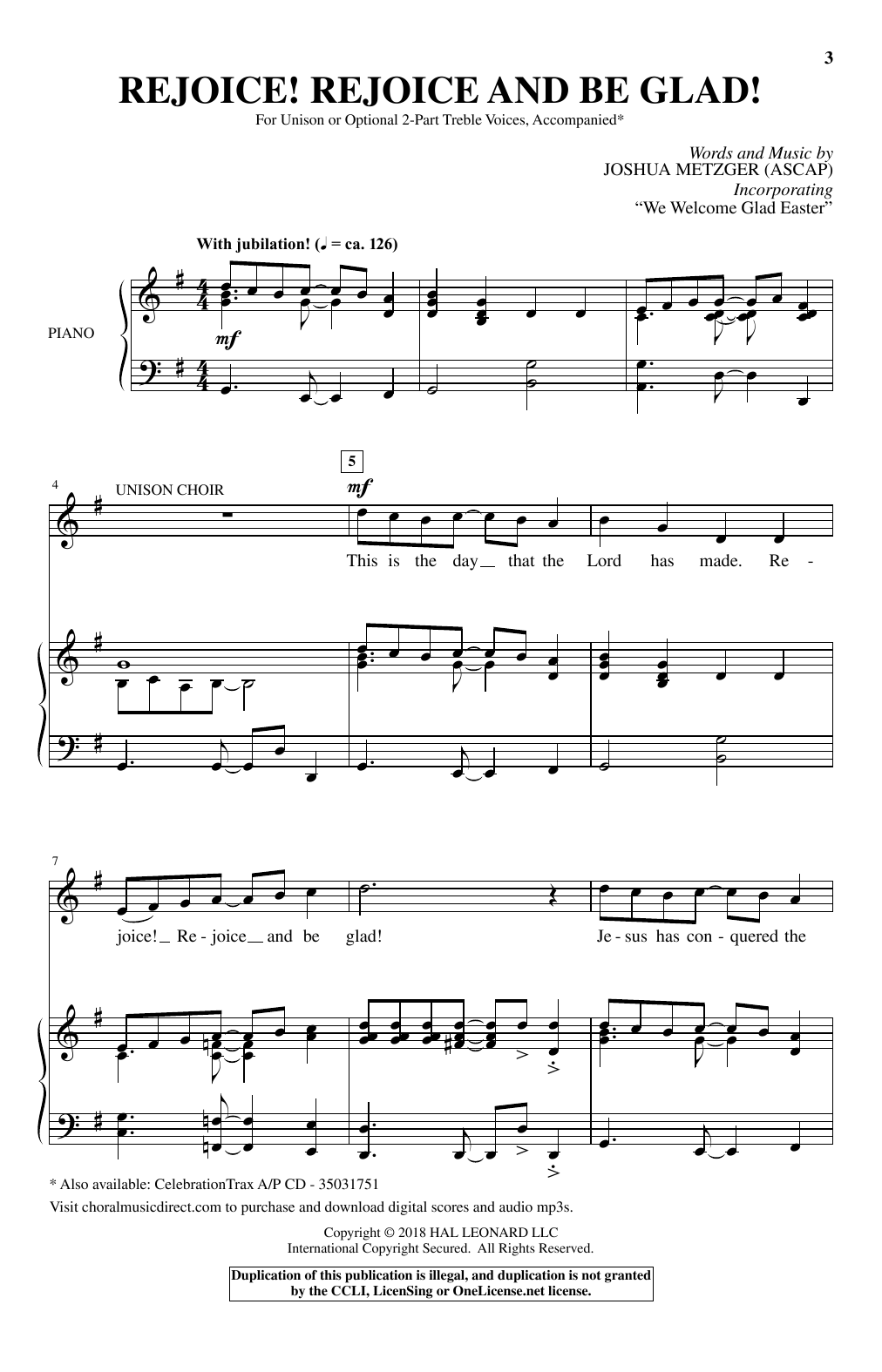 Learn to play Joshua Metzger Rejoice! Rejoice And Be Glad! sheet music for Unison Choir in minutes. Price: 3.9900$ Joshua Metzger Rejoice! Rejoice And Be Glad! sheet music notes and chords arranged for Unison Choir