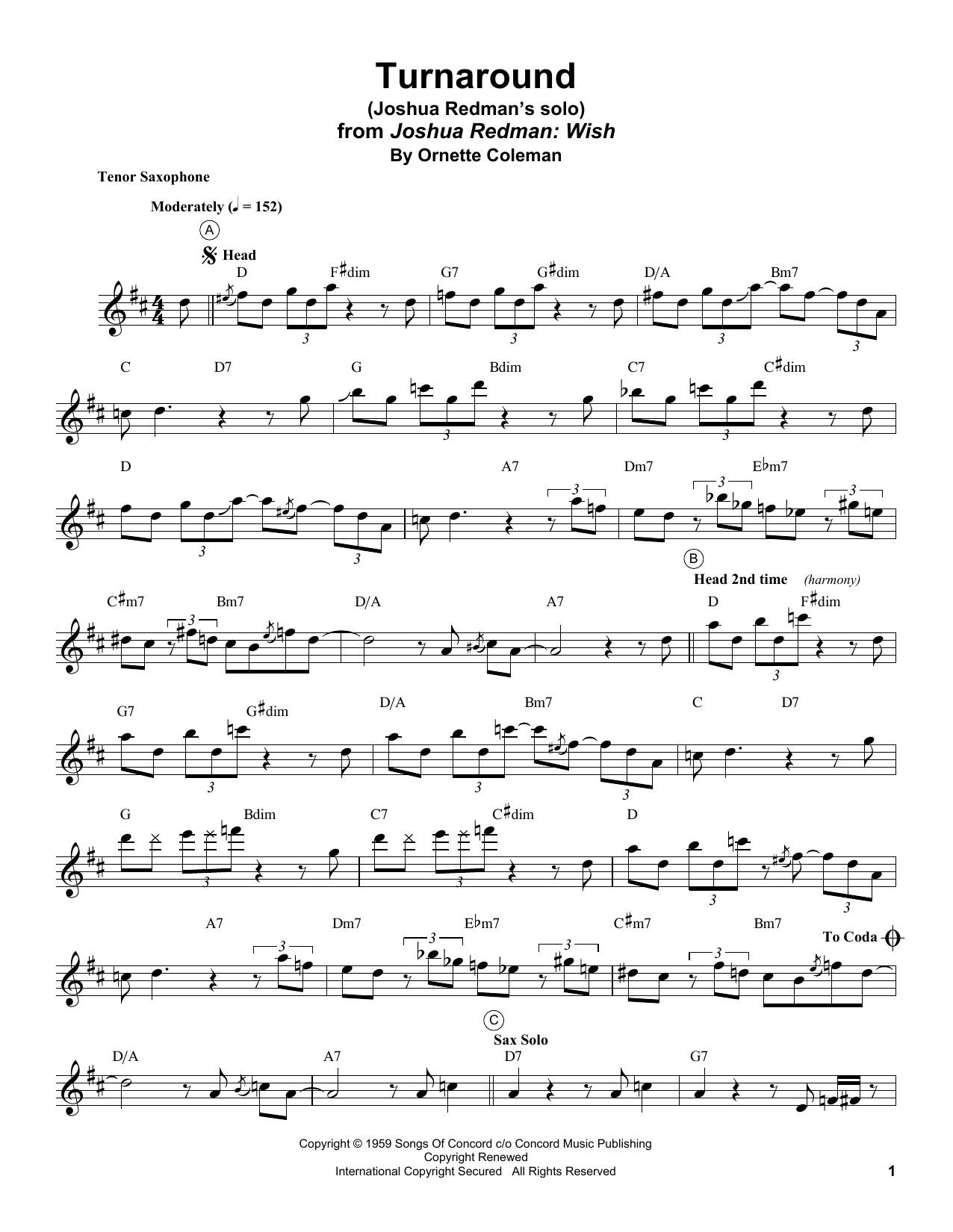 Joshua Redman Turnaround sheet music notes and chords. Download Printable PDF.