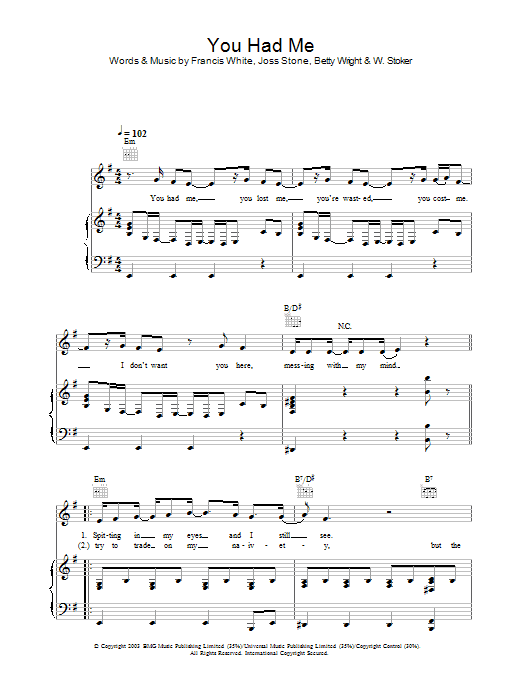 Joss Stone You Had Me sheet music notes and chords arranged for Piano, Vocal & Guitar Chords