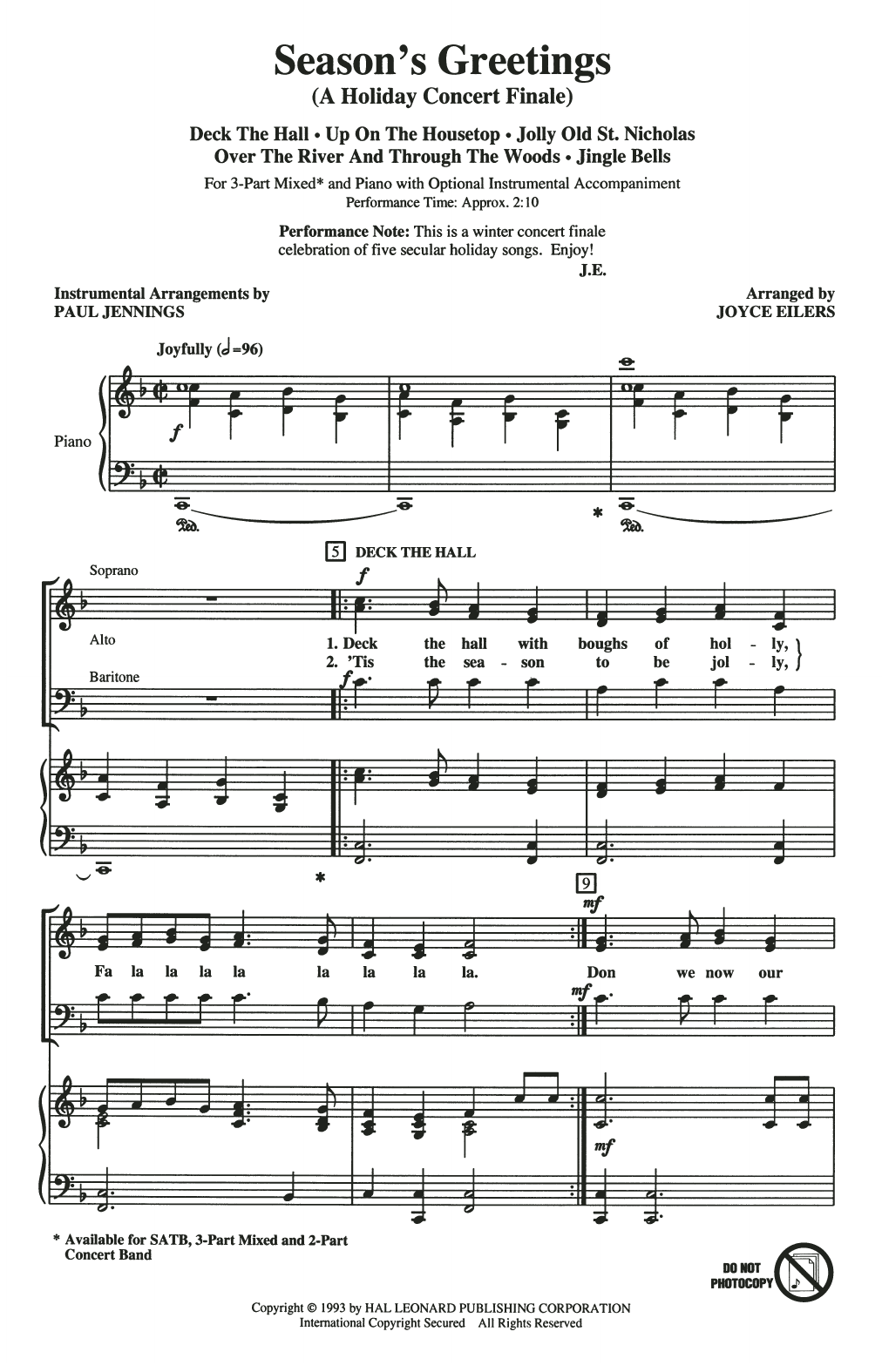 Learn to play Joyce Eilers Season's Greetings (Medley) sheet music for 3-Part Mixed Choir in minutes. Price: 3.9900$ Joyce Eilers Season's Greetings (Medley) sheet music notes and chords arranged for 3-Part Mixed Choir